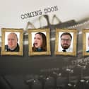 Gold framed portraits of Dara Ó Briain, Fern Brady, John Kearns, Munya Chawawa, and Sarah Millican, with zoomed in washed out image of a typewriter behind them (Credit: Avalon)