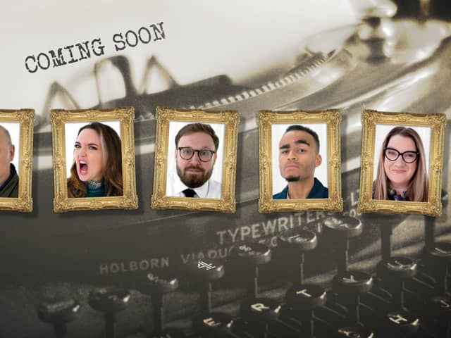 Gold framed portraits of Dara Ó Briain, Fern Brady, John Kearns, Munya Chawawa, and Sarah Millican, with zoomed in washed out image of a typewriter behind them (Credit: Avalon)