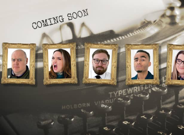 <p>Gold framed portraits of Dara Ó Briain, Fern Brady, John Kearns, Munya Chawawa, and Sarah Millican, with zoomed in washed out image of a typewriter behind them (Credit: Avalon)</p>