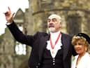  Actor Sir Sean Connery, with wife Micheline, donning full Highland dress and wearing his medal after he was formally knighted by the Queen during a investiture ceremony, at the Palace of Holyroodhouse in Edinburgh. * Connery knelt while the Queen touched his shoulders lightly with a sword and made him a Knight during the ceremony in the Palace's Picture Gallery.
