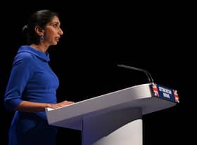 Britain’s Home Secretary Suella Braverman addresses delegates on the third day of the annual Conservative Party Conference. Credit: Getty Images