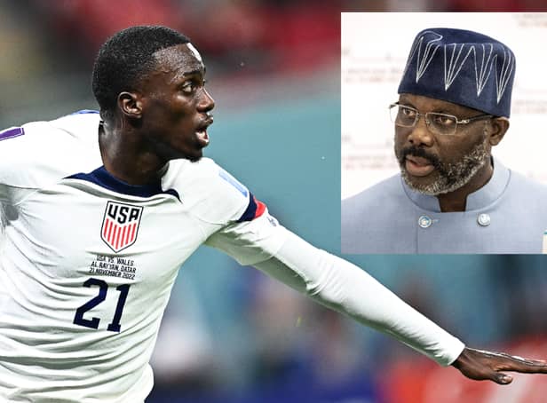 <p>USA player, Timothy Weah and inset, former AC Milan and Chelsea striker and President of Liberia, George Weah. (Photos: Getty Images)</p>