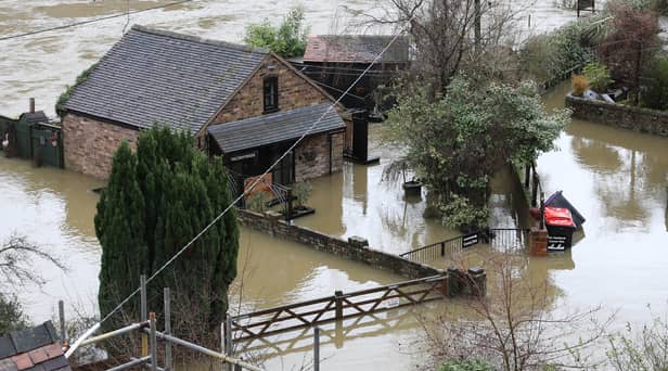 Houses in Ironbridge surrounded by flood waters as River Severn levels started to rise following heavy rain.