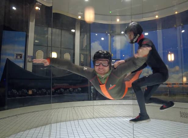<p>Richard Gullick tries out indoor skydiving at the Bear Grylls Adventure, Birmingham.</p>