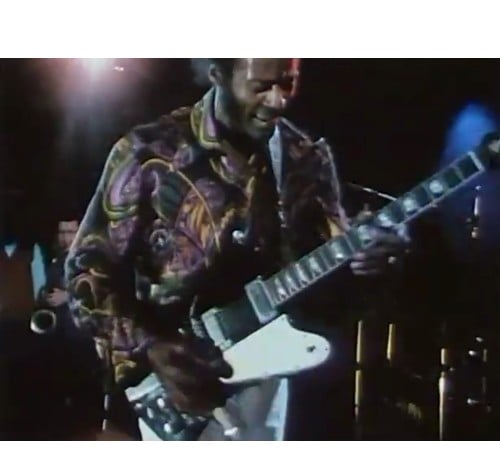<p>The guitar which is up for auction being used by Chuck Berry (Photo: Gardiner Houlgate)</p>