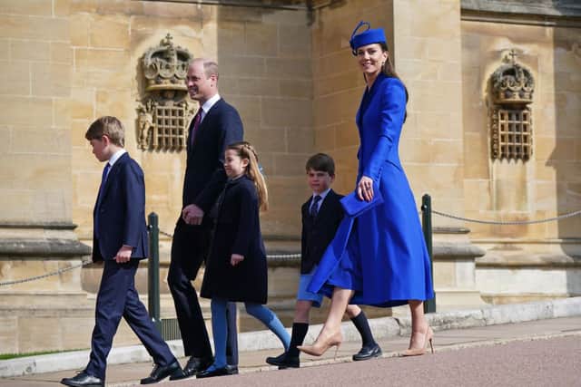 (L-R) Prince George of Wales, Prince William, Prince of Wales, Princess Charlotte of Wales, Prince Louis of Wales and Catharine, Princess of Wales attend the Easter Mattins Service at Windsor Castle on April 9, 2023 in Windsor, England. (Photo by Yui Mok - WPA Pool/Getty Images)