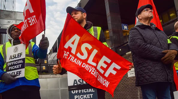 More walk-outs have been arranged for May and June by the main rail union, the RMT, and the train drivers’ union, Aslef. (Photo by Leon Neal/Getty Images)(Photo by Vuk Valcic/SOPA Images/LightRocket via Getty Images)