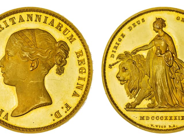 The ‘world’s most beautiful coin’ depicting Queen Victoria as a royal fairy guiding a lion has sold for £267,000, 182 years after it was minted for her coronation. 