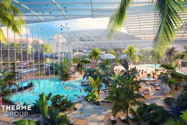 The resort, which will be the size of 19 football pitches, will include water slides, pools, wellness areas, saunas and swim up bars (Therme Manchester)