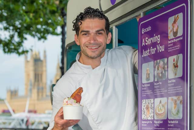 20210727 Copyright image 2021©Gastro-physicist Jozef Youssef hands out free ice creams to the public from the Ocado ice cream van, Southbank, London to launch the online supermarket's 'A Serving Just For You' menu of ten new flavour servings which have been designed to match different moods and occasions.Picture date Tuesday, July 27th 2021. Fiona Hanson/OcadoThe menu has been created using ingredients from Ocado's range and follows research that found that three quarters of adults in Britain find contentment in a bowl of ice cream with over half claiming the food helps to bring back happy memories and invokes nostalgia from childhood. Each of the ten ice cream servings combine flavours, textures and scents to create multi-sensory experiences that can boost energy, aid relaxation, reduce stress and help to improve gut health.For photographic enquiries please email ocado@tinmancomms.comThis image is copyright Ocado.This image has been supplied by Fiona Hanson and must be credited Fiona Hanson/Ocado