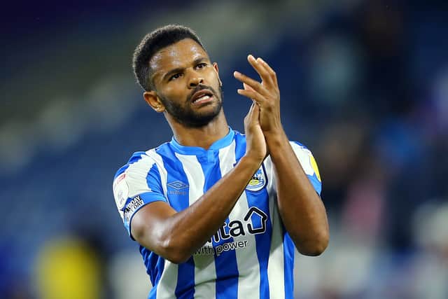Fraizer Campbell of Huddersfield Town thanks the crowd 
