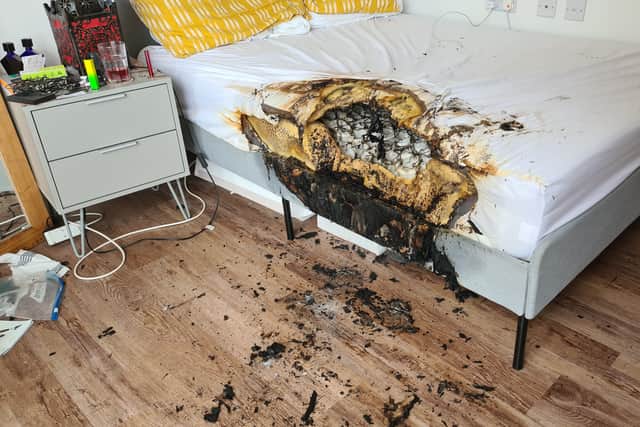 A shocking image has emerged showing the aftermath of a man’s room which was destroyed by a flaming “knock off” Lost Mary vape