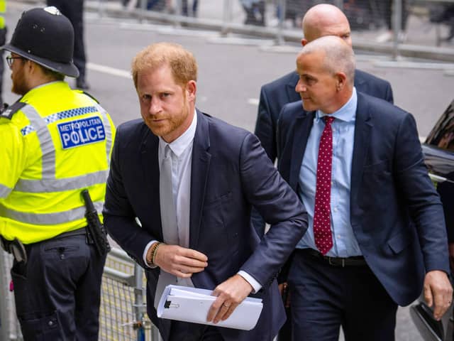 Prince Harry, Duke of Sussex, arrives to the Mirror Group Phone hacking trial at the Rolls Building at High Court on June 7, 2023 in London, England