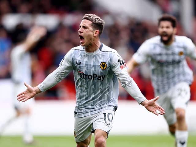 Daniel Podence celebrates scoring with Wolves in Premier League fixture back in April 2023