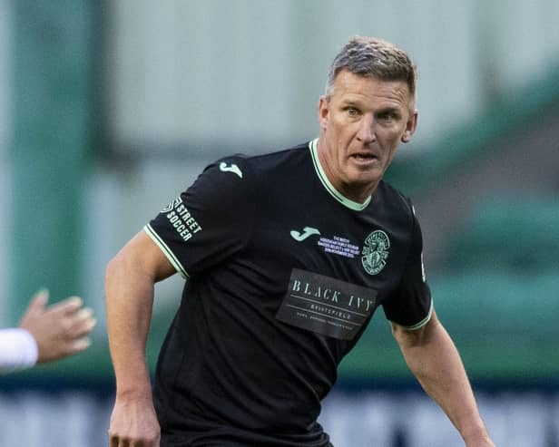 Evans, pictured playing in a Hanlon Stevenson Charity Foundation game last year,  remains deeply invested in Hibs - 35 years after signing as a young striker from Rotherham.
