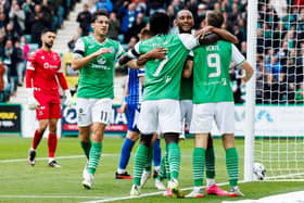 Hibs players celebrate their second goal against St Johnstone