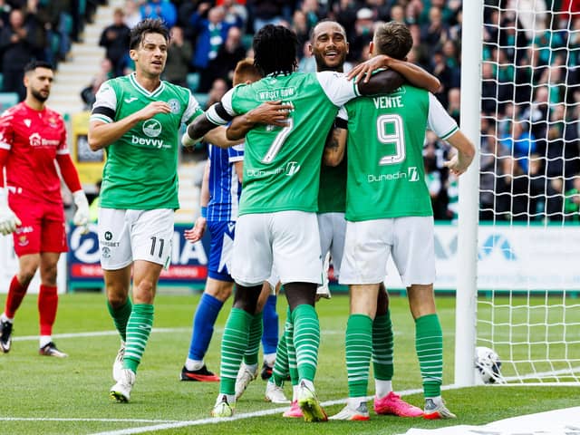 Hibs players celebrate their second goal against St Johnstone