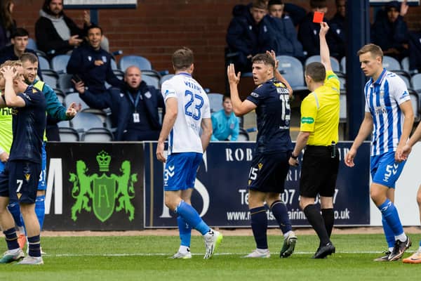 Josh Mulligan is shown a red card during Scottish Premiership match against Kilmarnock