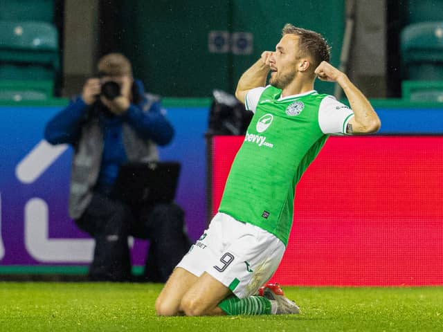 Hibs’ Dylan Vente celebrates scoring his side’s second goal against St Mirren