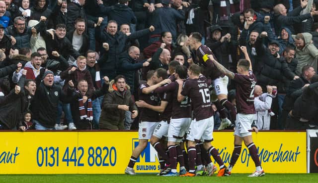 Hearts celebrate Alan Forrest’s opening goal at Tynecastle