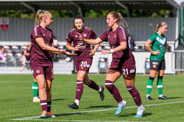 GOAL 2-0 Kathleen McGovern  Georgia Timms after she scores Hearts second goal against Dundee Utd Women. Credit: Malcolm Mackenzie