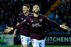 Jorge Grant celebrates scoring for Hearts in Viaplay Cup quarter-final