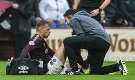 Hearts defender Stephen Kingsley injured his groin against Hibs at Tynecastle. Pic: SNS