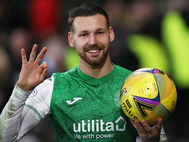 Martin Boyle celebrates his hat-trick against Rangers in a 3-1 Premier Sports Cup semi-final win at Hampden in November of 2021 - the last time the Hibees beat the Light Blues.