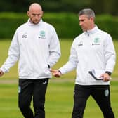 Hibs manager Nick Montgomery (R) and David Gray.