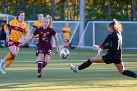 Katie Lockwood nets her second against Motherwell. Credit: Connor Douglas HMFC