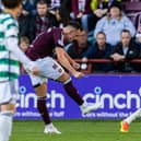 Lawrence Shankland scores for Hearts during 4-1 defeat to Celtic