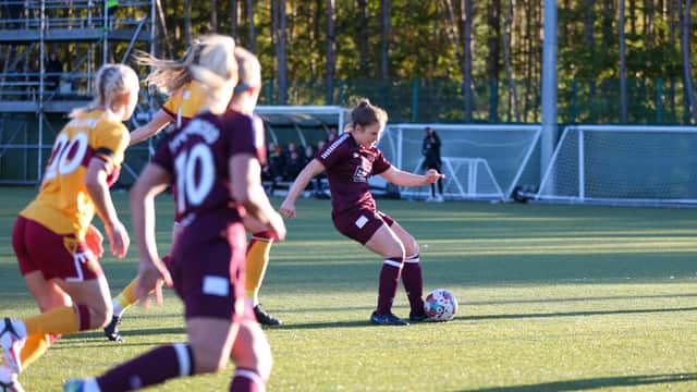 Eilidh Davies nets Hearts’ fifth against Motherwell. Credit: Connor Douglas HMFC.