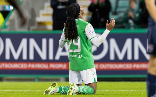 Jair Tavares celebrates his first goal at Easter Road in last month's 2-2 draw with Ross County.