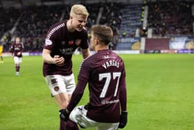 Hearts’ Kenneth Vargas celebrates scoring his first Hearts goal with Alex Cochrane.