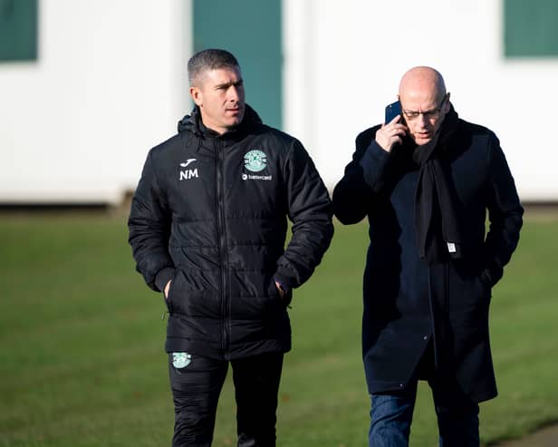 Manager Nick Montgomery and director of football Brian McDermott at Hibernian Training Centre.