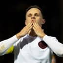 Lawrence Shankland celebrates after making it 2-0 against Motherwell.