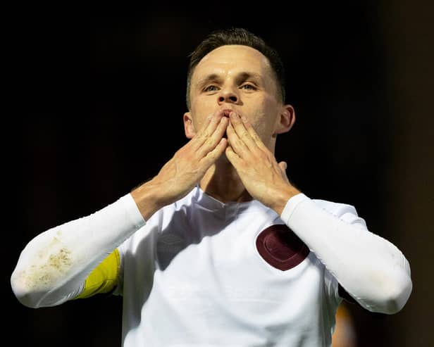 Lawrence Shankland celebrates after making it 2-0 against Motherwell.