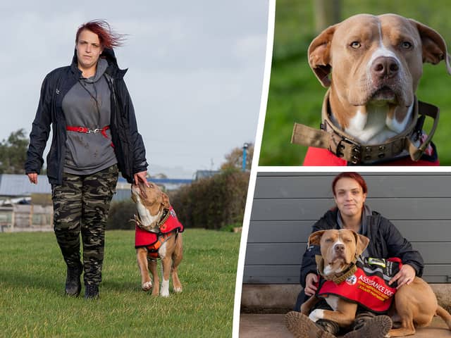 Josie Shanaham fears that her XL Bully assistance dog, Mars, will be taken from her under new rules for the dog breed coming into place next year. (Credit: SWNS)