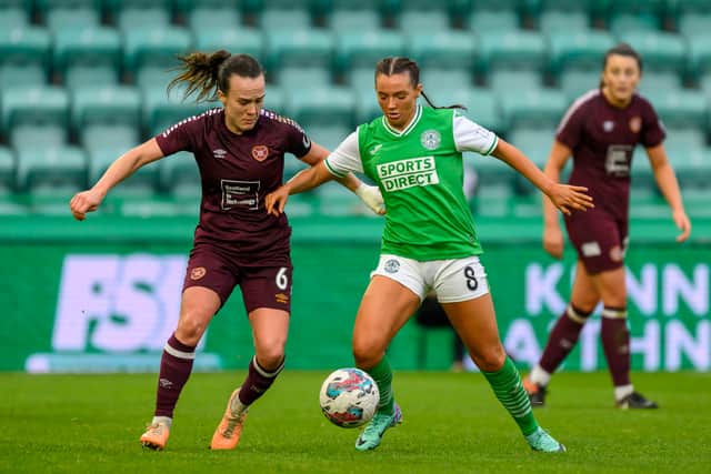 Michaela McAlonie fights with Ciara Grant for the ball in Edinburgh Derby at Easter Road.