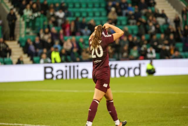Carly Girasoli after she missed a chance to level late against Hibs. Credit: David Mollison