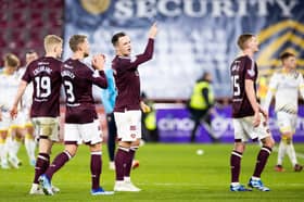 Lawrence Shankland and the Hearts players following Saturday's 1-0 win over St Johnstone. Pic: SNS