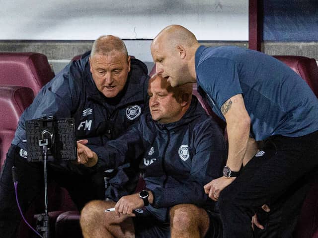 Hearts head coach Steven Naismith (right), with assistant Frankie McAvoy (left) and coach Gordon Forrest. Pic: SNS