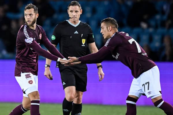 Hearts midfielder Jorge Grant with winger Kenneth Vargas during the Viaplay Cup quarter-final at Kilmarnock. Pic: SNS