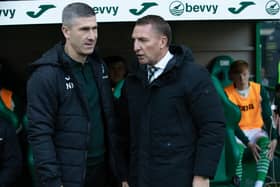 Hibs manager Nick Montgomery with Celtic's Brendan Rodgers.