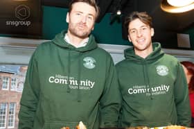 David Marshall and Joe Newell serving up Christmas dinners at Easter Road last year.