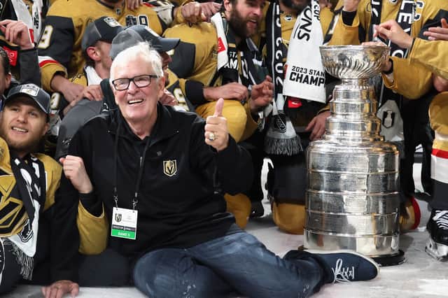 Foley poses with his Stanley Cup-winning Las Vegas team in June of 2023.