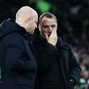 Hearts head coach Steven Naismith with Celtic manager Brendan Rodgers at Celtic Park. Pic: SNS