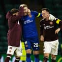 Hearts' Zander Clark and Lawrence Shankland celebrate beating Celtic 2-0