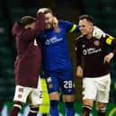 Hearts' Zander Clark and Lawrence Shankland celebrate beating Celtic 2-0