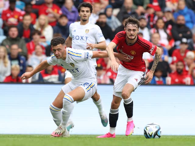 Kris Moore (L) in action for Leeds United during pre-season (Photo by Matthew Peters/Manchester United via Getty Images)